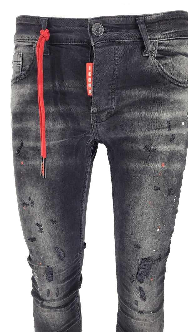 Ripped Paint Splatter Slim Fit Jeans-Black - Georgio Peviani