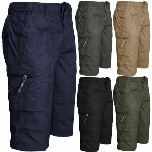 Mens Plain 3/4 Shorts Elasticated Waist Cargo Combat Long Pants Trousers M-3XL