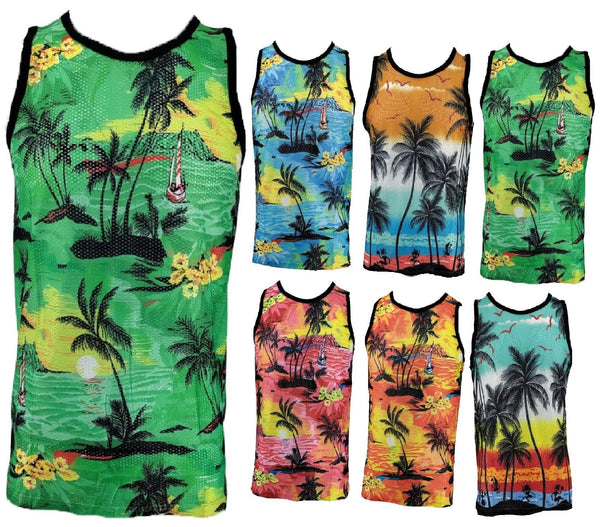 Mens Hawaiian Vest Top Men Printed Hawaii Mesh Net Shirt Stag Beach Aloha Party Palm Summer Holiday Fancy Dress Men UK Size M-XXXL - Georgio Peviani