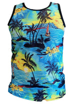 Mens Hawaiian Vest Top Men Printed Hawaii Mesh Net Shirt Stag Beach Aloha Party Palm Summer Holiday Fancy Dress Men UK Size M-XXXL