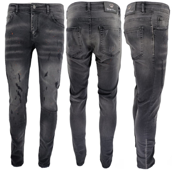 Mens Jeans Black Georgio Peviani Patchwork Paint Splatter Distressed Ripped Men's Denim Jeans UK
