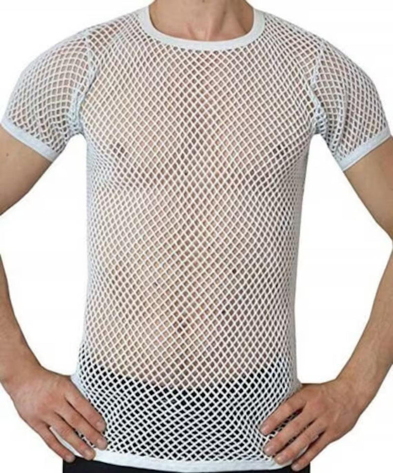 Mens Crystal String Mesh Tops Cotton Men Mesh Fishnet Short Sleeve T-Shirt Top Tee