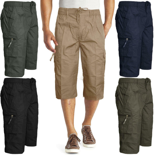 Mens Plain 3/4 Shorts Elasticated Waist Cargo Combat Long Pants Trousers M-3XL - Georgio Peviani