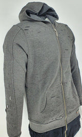 Mens Long Line Hip Hop Zip Up Frayed Hooded Sweatshirts Jacket Pullover Coat Top - Georgio Peviani