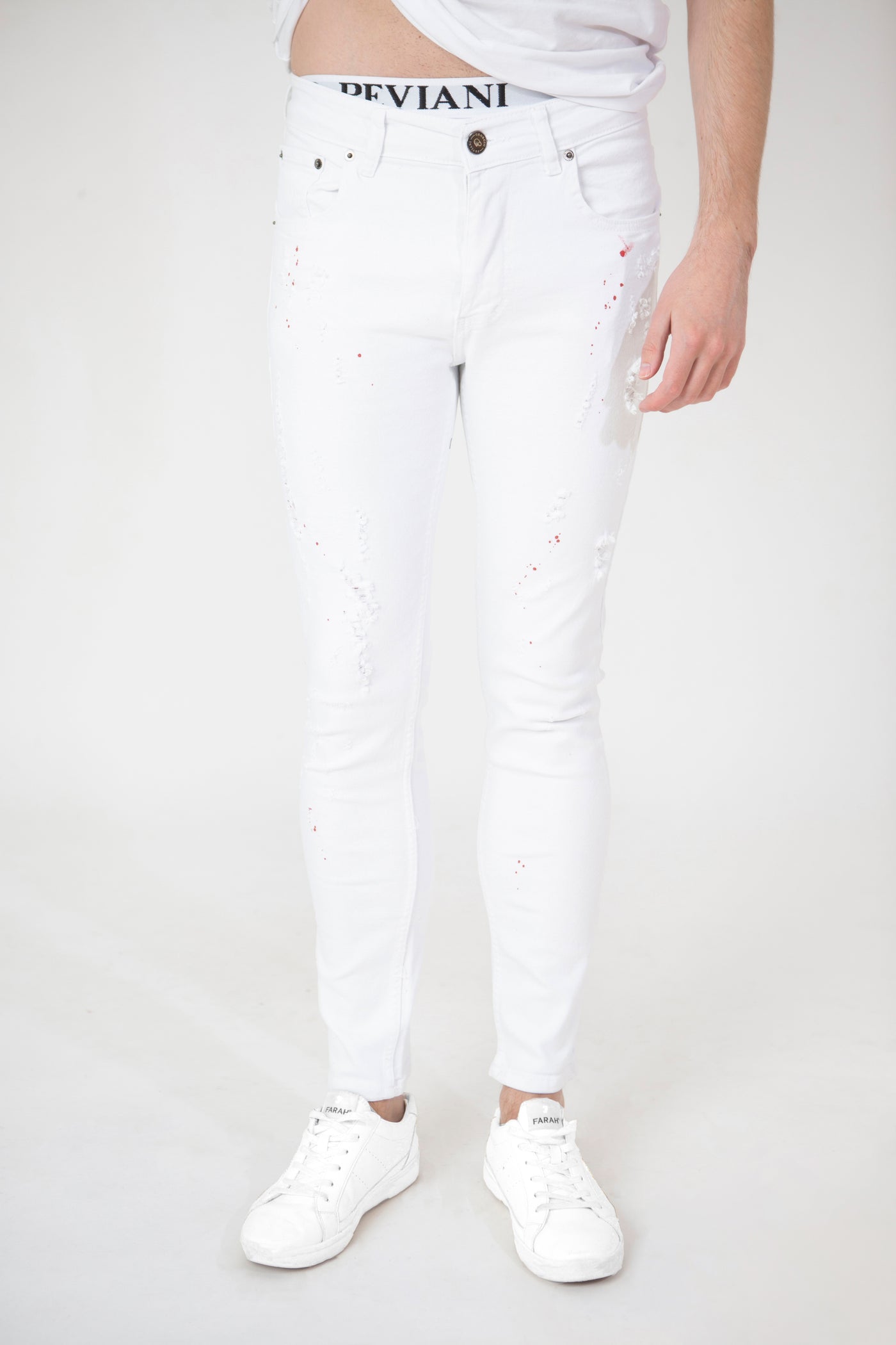 WHITE PAINT SPLATTER JEANS (RED SPLATTER)