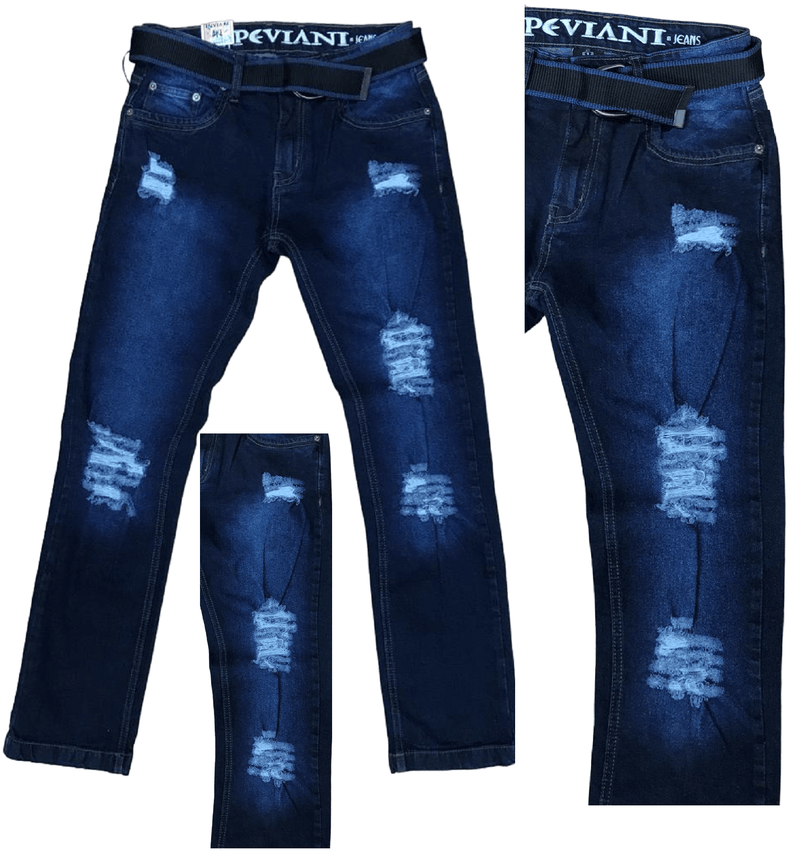 Mens Ripped Denim Jeans Peviani Tapered Fit Dark Blue With Belt Jean Pants W30 - Georgio Peviani