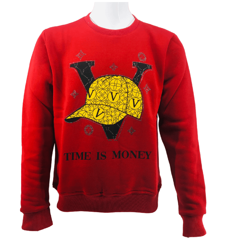 Mens Fleece Jumper V Cap Print Time Is Money Sweater Knitwear Pullover Long Sleeve Jersey Sweatshirt Top S-2XL
