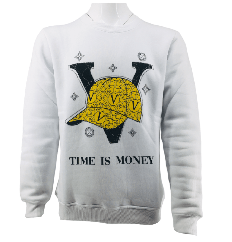 Mens Fleece Jumper V Cap Print Time Is Money Sweater Knitwear Pullover Long Sleeve Jersey Sweatshirt Top S-2XL - Georgio Peviani