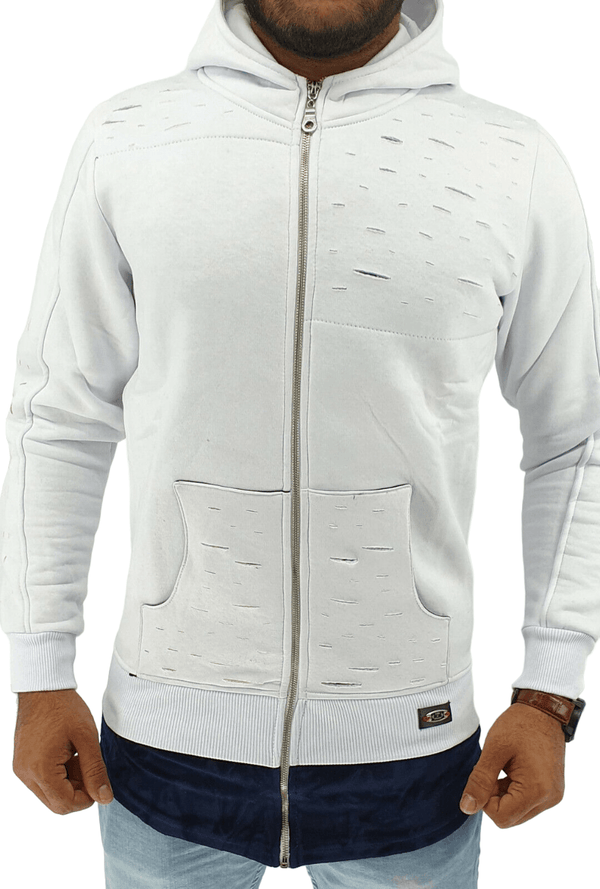Mens Hooded Jacket Sweatshirts Men's Long Line Hip Hop Zip Up Frayed Pullover Coat Top
