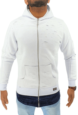 Mens Hooded Jacket Sweatshirts Men's Long Line Hip Hop Zip Up Frayed Pullover Coat Top - Georgio Peviani