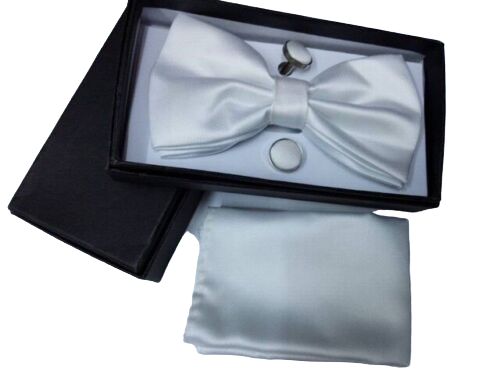 Mens 3pcs Satin/Silk Plain Pre-Tied Bow Tie Cufflinks Pocket Square Handkerchief Men Ties, Bow Ties & Cravats
