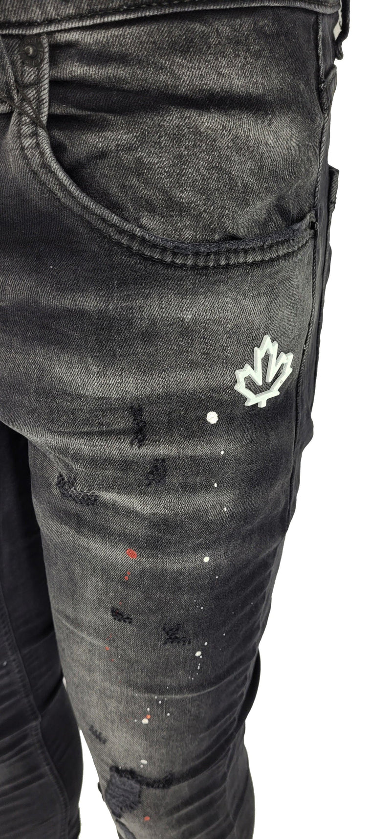 Ripped Paint Splatter Slim Fit Jeans-Black - Georgio Peviani