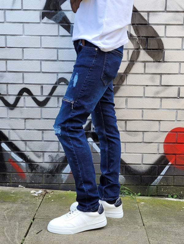 Peviani Ripped Slim Fit Jeans-Blue - Georgio Peviani