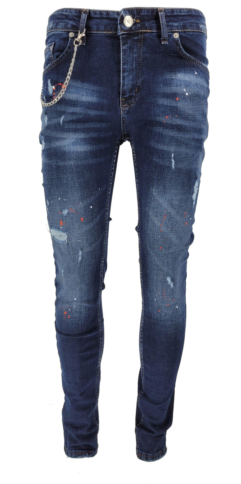 BLUE WITH RED PAINT PATCHWORK PAINT SPLATTER JEANS
