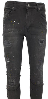 DK Black Ripped Paint Splatter Slim Fit Jeans - Georgio Peviani